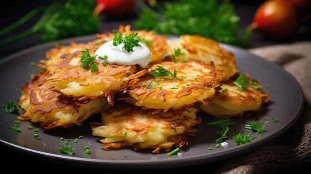 Potato Pancakes Draniki Deruny Potato Latkes Latkas Raggmunk or Boxties on Dark Wood Rustic Background Fried Grated Potato Pancakes Generative AI Illustration