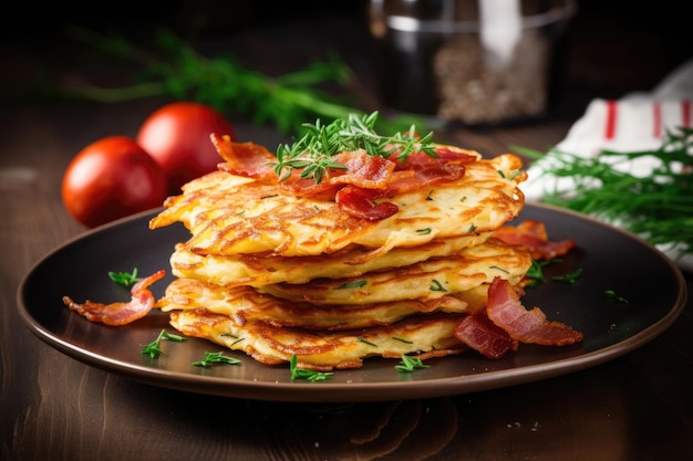 Potato pancakes draniki with bacon and sour cream Traditional Slavic dish