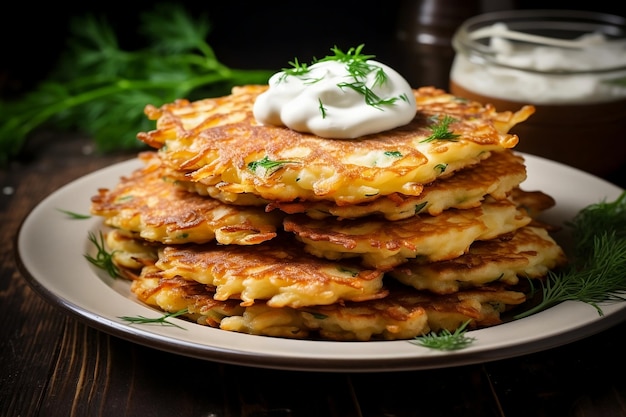 Potato pancakes draniki with herbs and sour cream