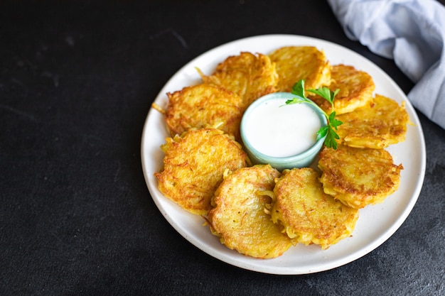 Potato pancakes vegetables dish draniki fried potato cutlets fresh portion organic wholesome dish