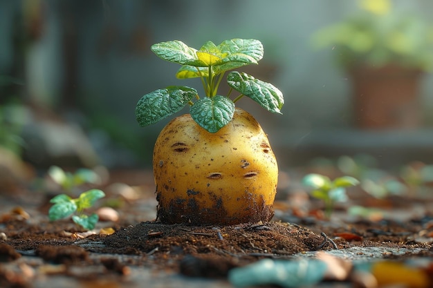 地面に根茎があるジャガイモの植物 芽生えたジャガイモン