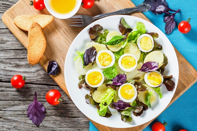 Potato salad with chicken eggs, lettuce and basil