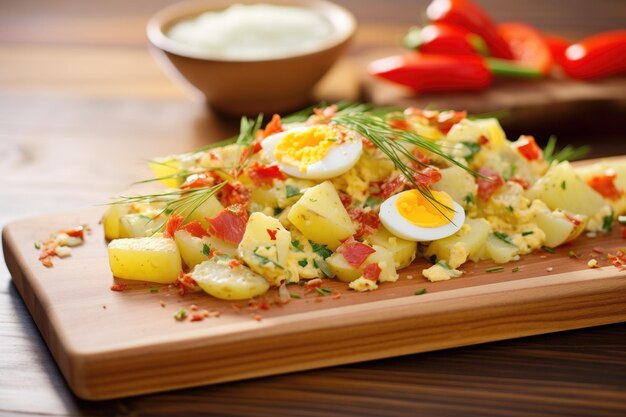 Potato salad with egg slices and paprika on a wooden board