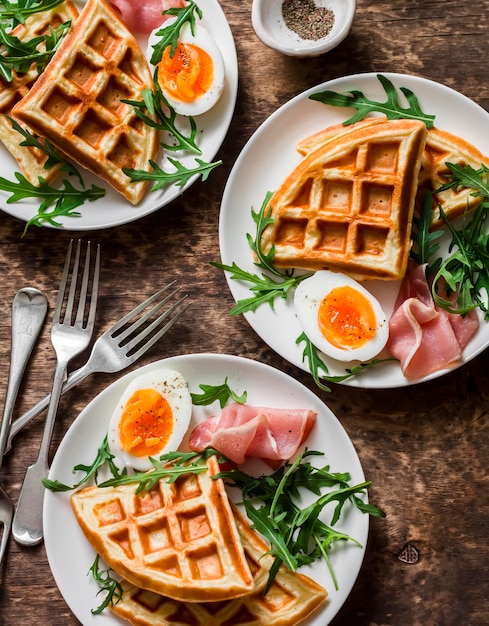 Potato savory waffles with boiled egg ham and arugula on wooden\
background top view served breakfast snack brunch