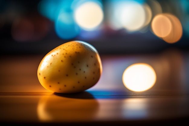 A potato on a table with a blurred background