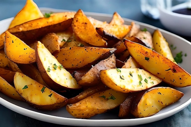 Potato wedges is popular snack made from potato