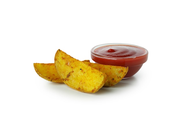 Potato wedges and sauce isolated on white background