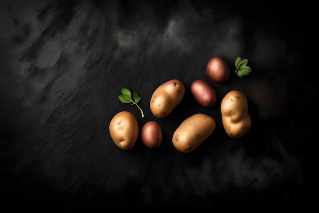 Potatoe composition flat lay with free space for copy black ceramic background