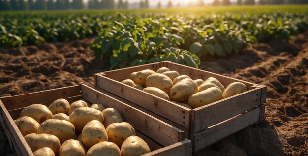 Photo potatoes are packed on wooden pallets in the potato field area