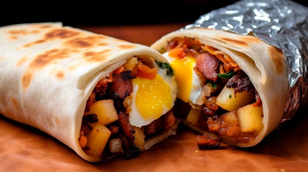 Potatoes bacon and eggs in a breakfast burrito Generative AI