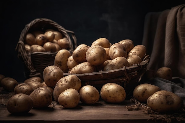 Potatoes in a basket on a table