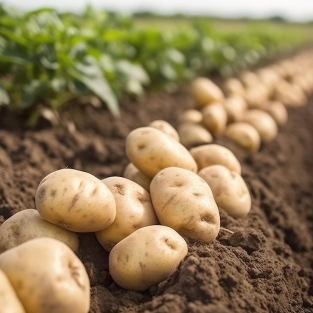 Potatoes on the field closeup harvesting potatoes generative ai