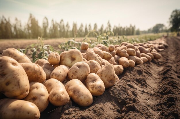 Potatoes on a field with trees in the background