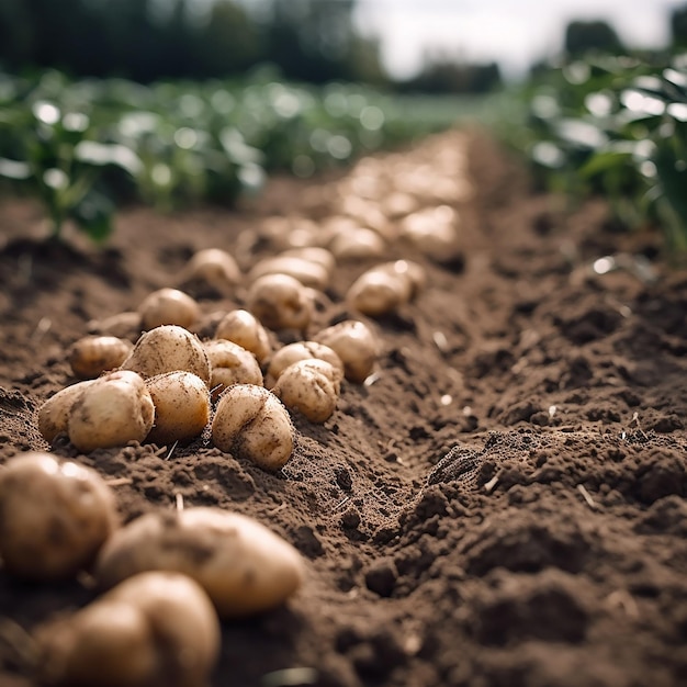 Potatoes on the ground with green plants in the background