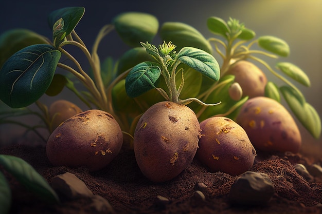 ベッドの上で成長するジャガイモのクローズアップ AI 生成