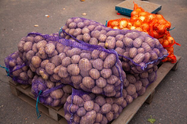 Potatoes in net bags at the farmers market a bag of raw and dirty potatoes fresh potatoes in the net