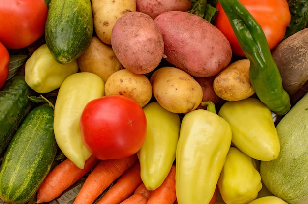 Potatoes, peppers, tomatoes, cucumbers, carrots. Fresh vegetables close up.