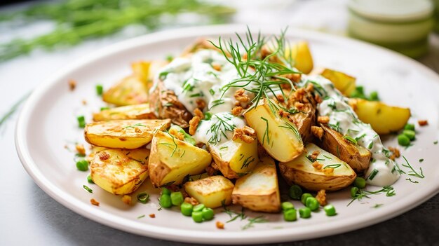 Photo potatoes with cottage cheese chives and roasted tempeh