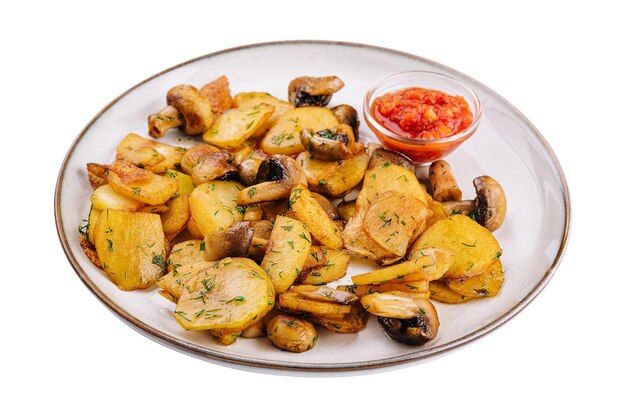 Potatoes with fried mushrooms on a plate