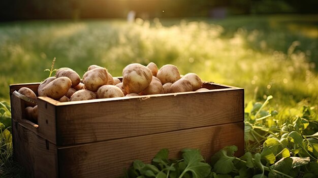 Potatoes in wooden box full on table with green field Generative Ai