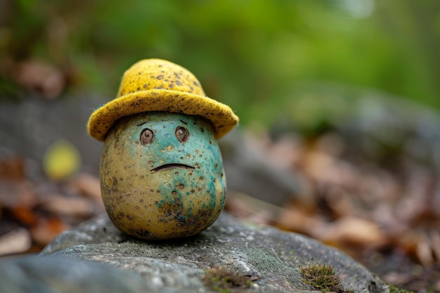 悲しい笑顔の黄色い帽子をかぶったジャガイモ