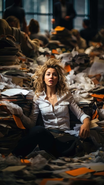 a potent visual metaphor of work pressure office workers submerged under a sea of paperwork