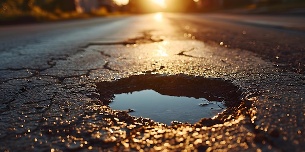 Photo pothole on an empty road in early morning road maintenance issues concept roads disrepair problem