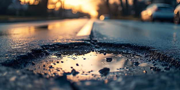 朝早くに空っぽの道路に穴が開いた 道路のメンテナンス問題 概念道路の修理不良問題