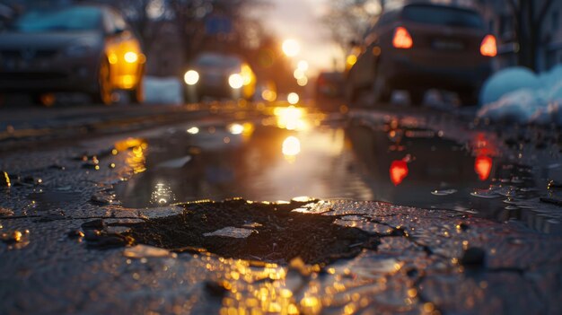 a pothole mars the surface of an urban road illuminated by the warm light of sunset as cars pass by