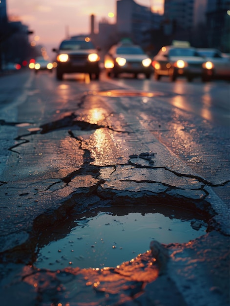 a pothole mars the surface of an urban road illuminated by the warm light of sunset as cars pass by