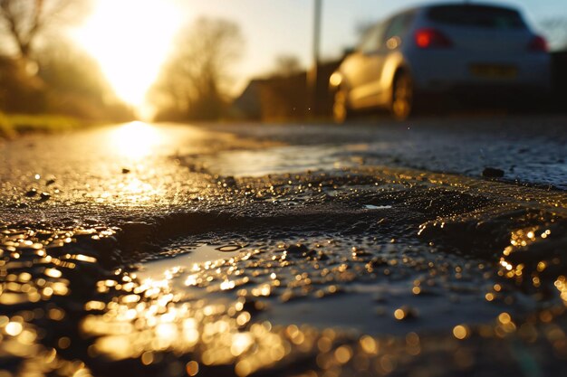Photo a pothole on a street with a car driving by generative ai