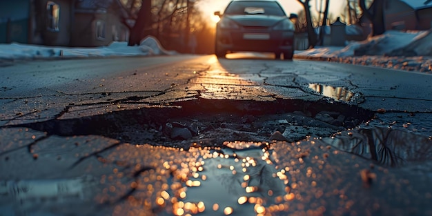 Potholeridden Street at Dusk with Car Near Cracked Road Concept City infrastructure Road maintenance Urban decay Traffic safety Pothole repair