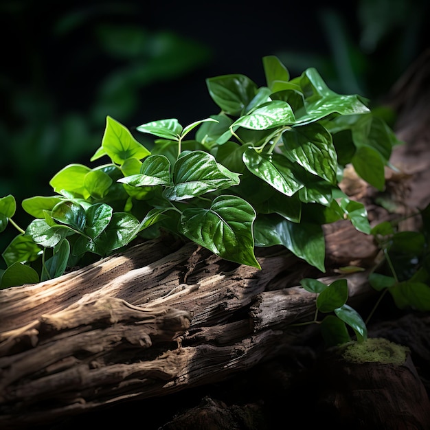 Pothos Vine Creeping Up a Log Lush Greens Motion Blur Lens F Hyper Realistic Illustration Photo Art