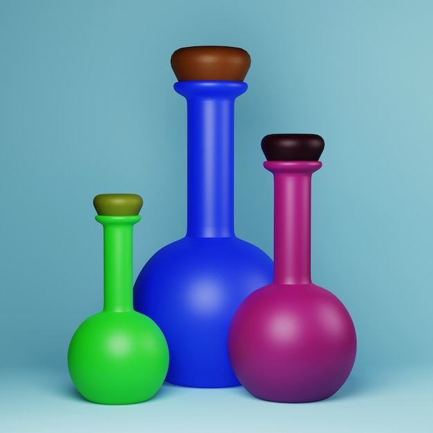 Potion in blue green and purple glass bottles with cork 3d illustration