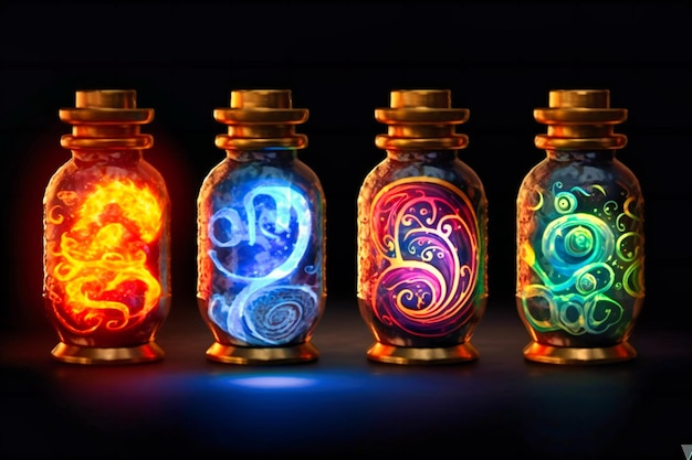 Potion bottles with colored liquids in them