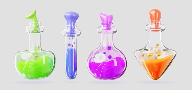Potion flessen met magische elixir 3d rendering iconen set Glas heldere lab kolven alchemie flesjes met kleur vloeistof en kurk Heksengif cartoon ui spel activa geïsoleerd op de achtergrond