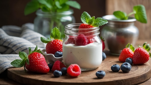 potje yoghurt met aardbeien bosbessen en munt in de keuken