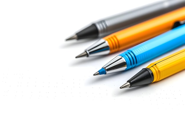 Potloden en pennen liggen één voor één geel en geïsoleerd op een witte achtergrond Hoge resolutie