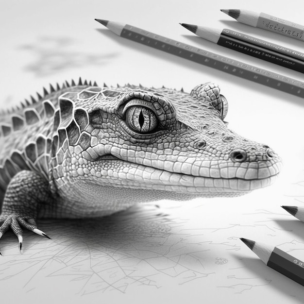Foto potloodschets schattige kunst alligator dier tekening ai gegenereerd