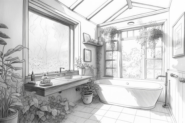 Potloodschets van een serene badkamer gevuld met natuurlijk licht omgeven door planten