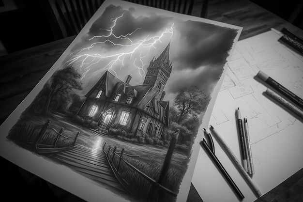 Potloodschets van gotisch huis met stormachtige luchten en bliksemschichten op de achtergrond