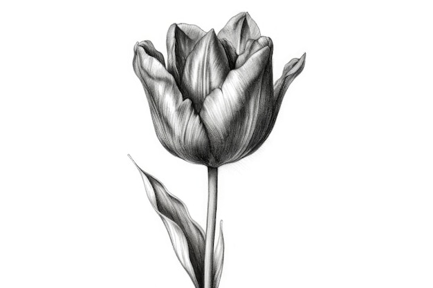 Potloodtekening van een tulp met een blad erop.