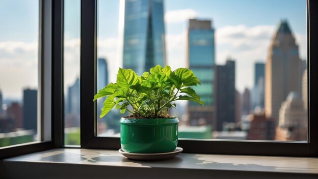 Foto potplant met stadsbeeld op de achtergrond