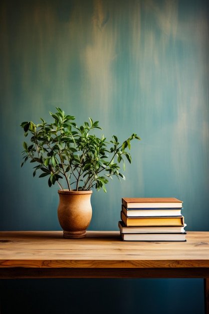 Potplant zittend op de top van houten tafel naast stapel boeken Generatieve AI