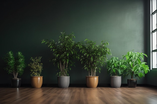 Potplanten sieren de lege woonkamer met groene muren en een door AI gegenereerde hardhouten vloer