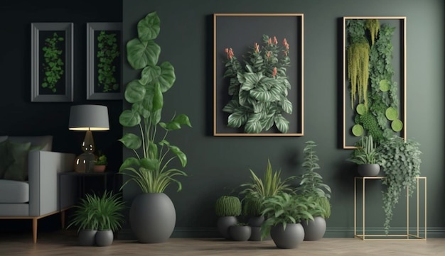 Potplanten sieren de woonkamer met groene kleurmuren met kunstgalerieframe Generative Ai