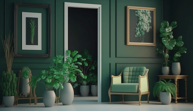 Potplanten sieren de woonkamer met groene kleurmuren met kunstgalerieframe Generative Ai