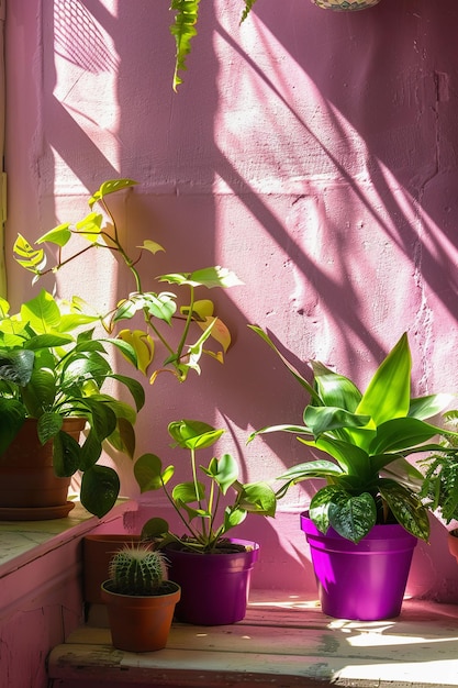 Foto potplanten tegen een roze muur met schaduw