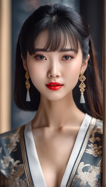 A potrait of asian woman use eyeglass with black hair and red lips