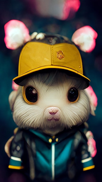 Potrait of a cute hamster character wearing a baseball cap 3d illustration